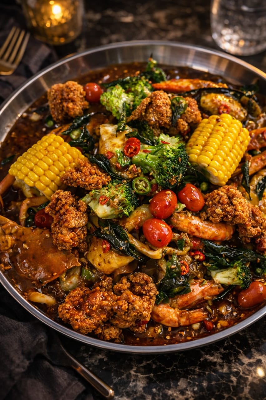 Shellout Kam Heong dengan seafood segar dan nasi putih untuk 2 orang